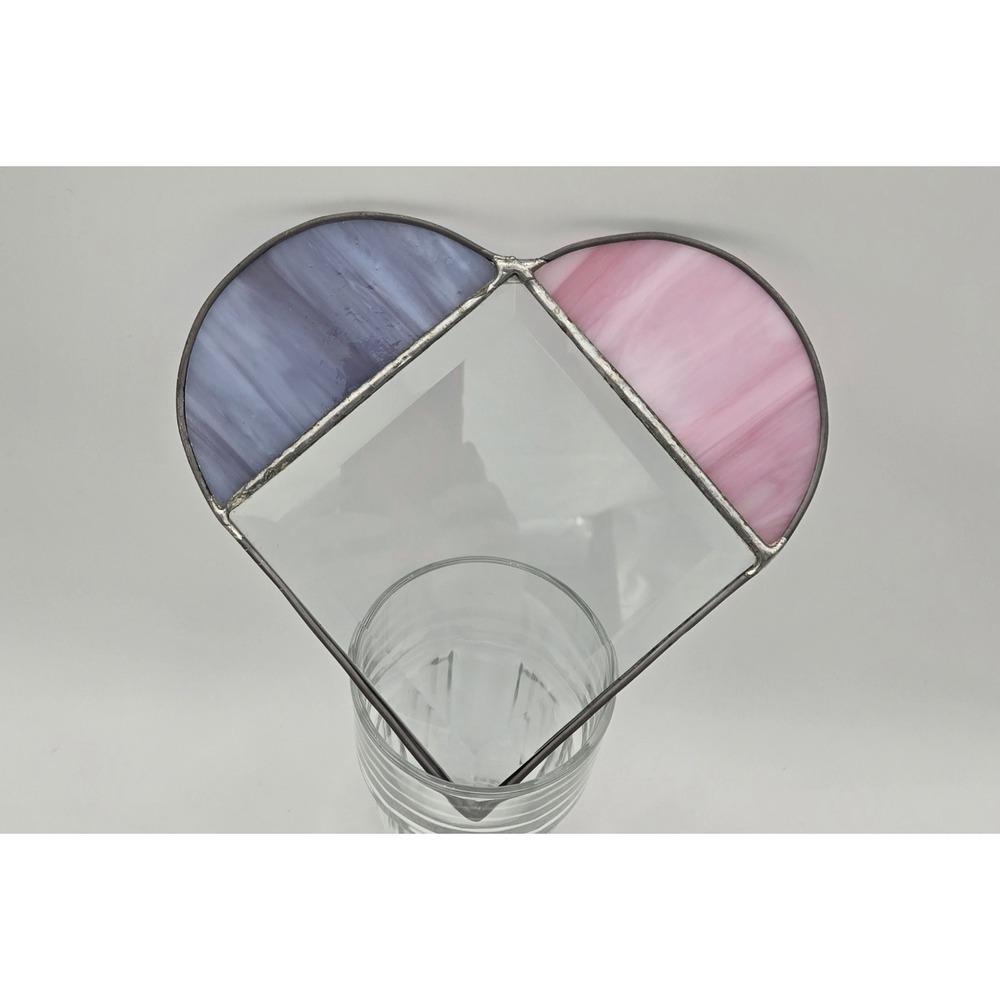 Vintage Stained Glass Heart Suncatcher Purple Pink Slag Beveled Glass 7.5"